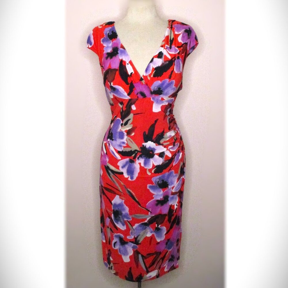 Ralph Lauren Red Purple Black Floral Jersey Midi Dress Fitted Cap Sleeves 18 EUC